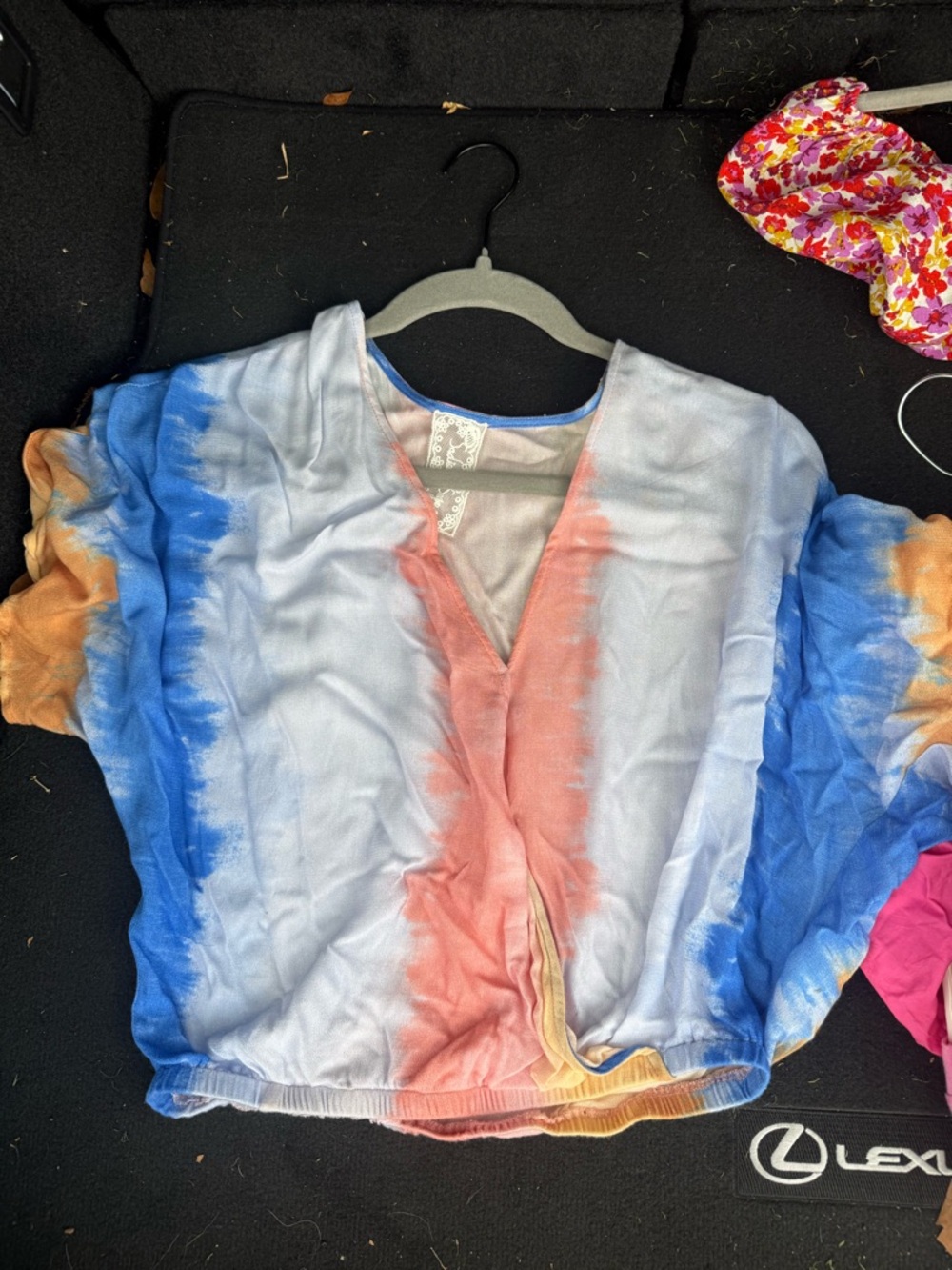 Sadie & Sage Tie-Dye V-Neck Blouse in Blue, Coral & Gold